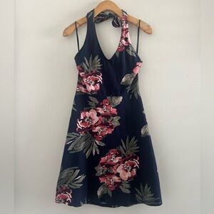 Vintage Aeropostale Navy & Pink Floral Cotton Blend Halter Dress Sz XS
